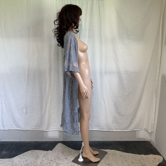 Rebellion Again Grey Open Front Wide  3/4 Sleeve Lace Duster Kimono L - Picture 4 of 10
